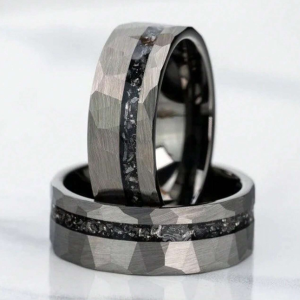 8mm Real Meteorite Inlay - Vintage Style Tungsten Carbide Wedding Ring