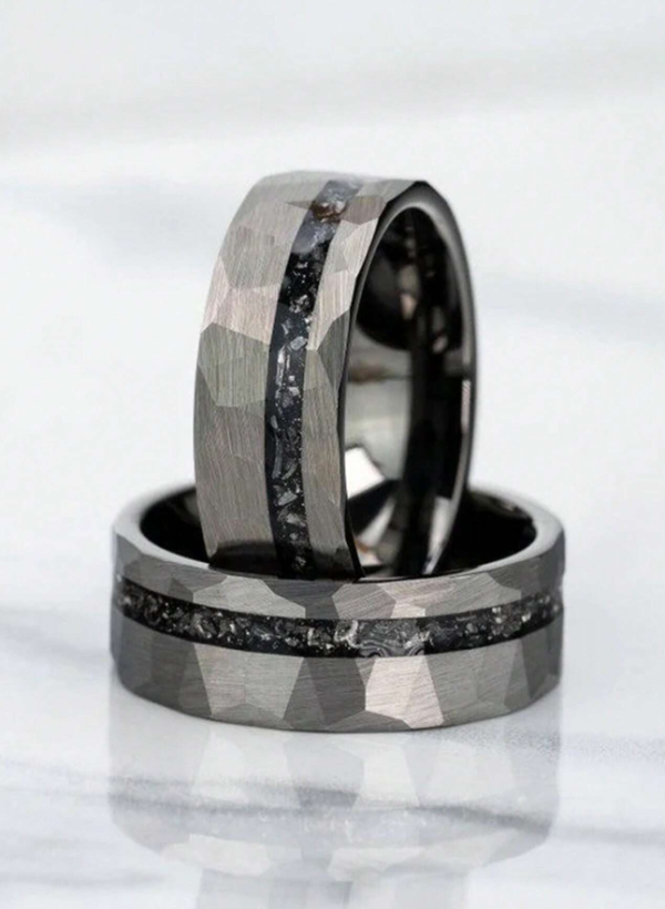 8mm Real Meteorite Inlay - Vintage Style Tungsten Carbide Wedding Ring