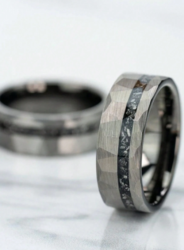 8mm Real Meteorite Inlay - Vintage Style Tungsten Carbide Wedding Ring - Image 2