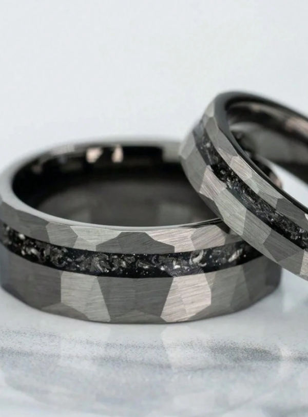 8mm Real Meteorite Inlay - Vintage Style Tungsten Carbide Wedding Ring - Image 7