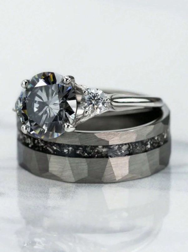 8mm Real Meteorite Inlay - Vintage Style Tungsten Carbide Wedding Ring - Image 5