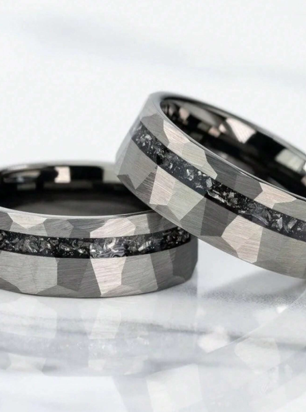 8mm Real Meteorite Inlay - Vintage Style Tungsten Carbide Wedding Ring - Image 6