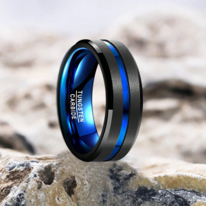 Black Tungsten Carbide Wedding Ring 8mm Blue Line Matte Finish
