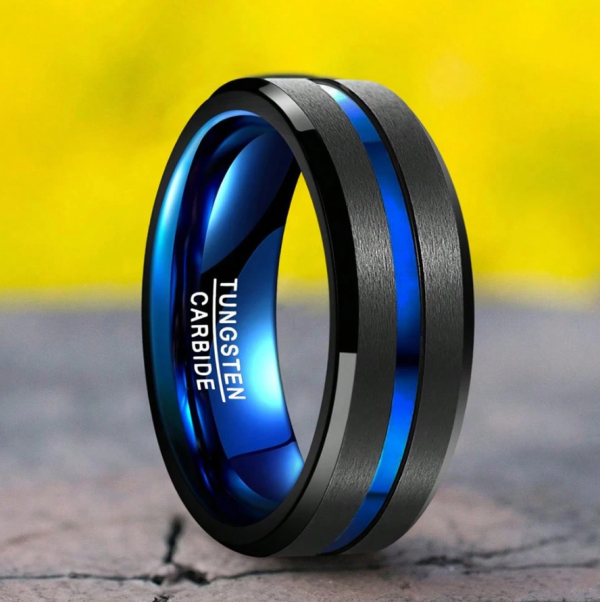 Black Tungsten Carbide Wedding Ring 8mm Blue Line Matte Finish - Image 2