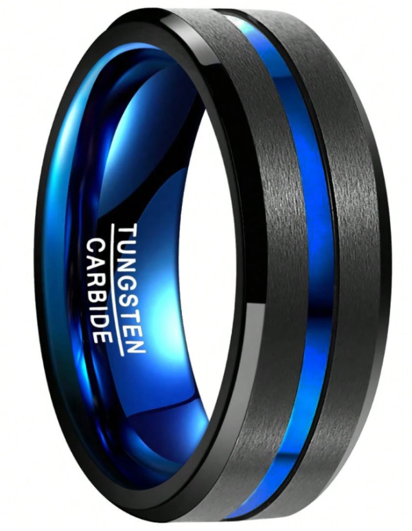 Black Tungsten Carbide Wedding Ring 8mm Blue Line Matte Finish - Image 3