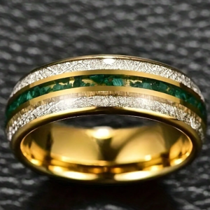 8mm Width Gold Plated Inlaid Anti-Meteorite Green Natural Stone Men's Tungsten Steel Ring