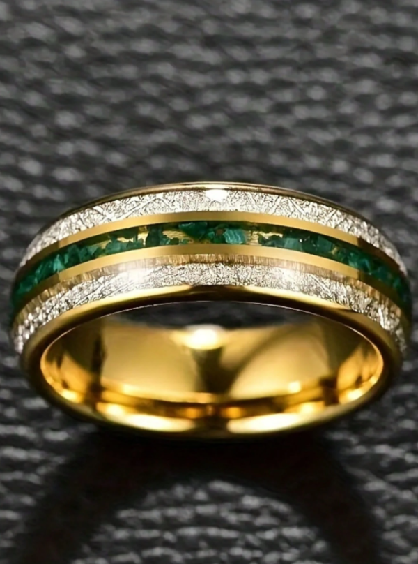 8mm Width Gold Plated Inlaid Anti-Meteorite Green Natural Stone Men's Tungsten Steel Ring