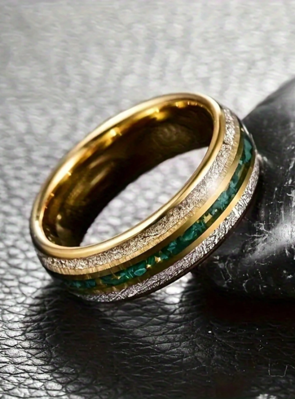 8mm Width Gold Plated Inlaid Anti-Meteorite Green Natural Stone Men's Tungsten Steel Ring - Image 5