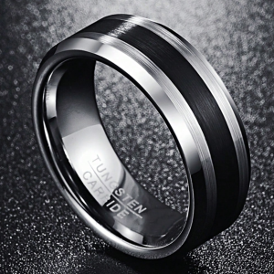Tungsten Ring, 8 mm Black Groove, Beveled Edges Engraved I Love You