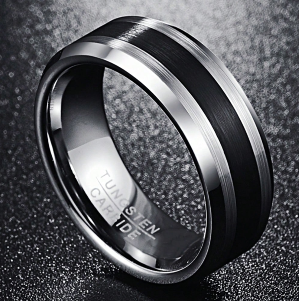 Tungsten Ring, 8 mm Black Groove, Beveled Edges Engraved I Love You
