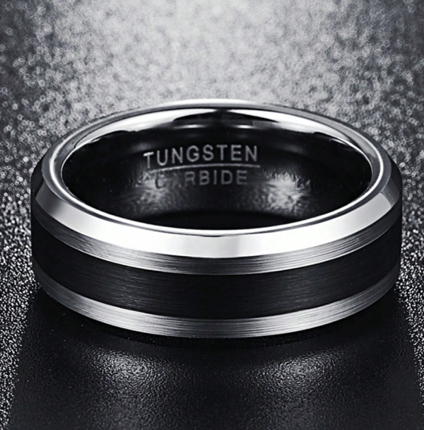 Tungsten Ring, 8 mm Black Groove, Beveled Edges Engraved I Love You - Image 3