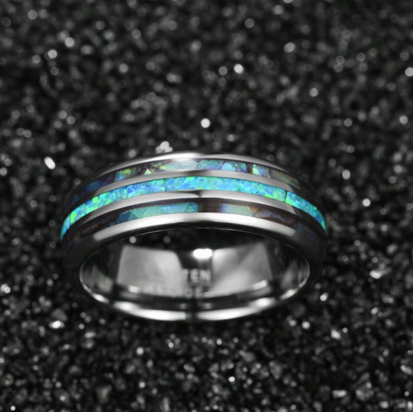 Abalone Shell Inlay Created-Opal Tungsten Carbide - Image 6