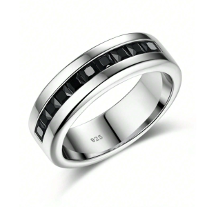 925 Sterling Silver Men Wedding Ring 1Ct 10 Large Princess Cut 5A Black Cubic Zirconia Wedding Ring