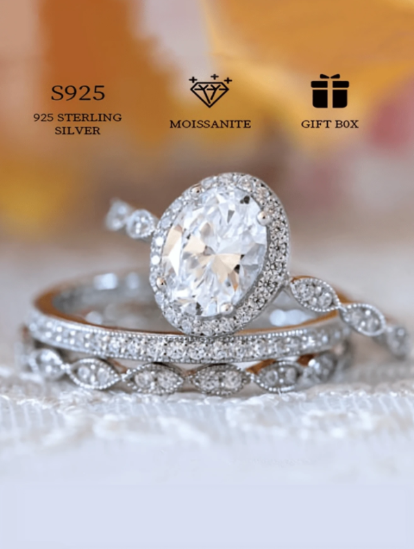 3-Piece 925 Sterling Silver 1-Carat Oval-Shaped Moissanite Wedding Set - Image 2