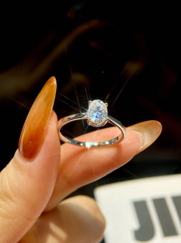 Gold - 4 Claws Oval Shape D-Color Moissanite Engagement Ring - Image 3