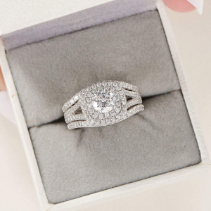 Blue Sapphire 6*6mm White Round Cut Triple Wedding Set