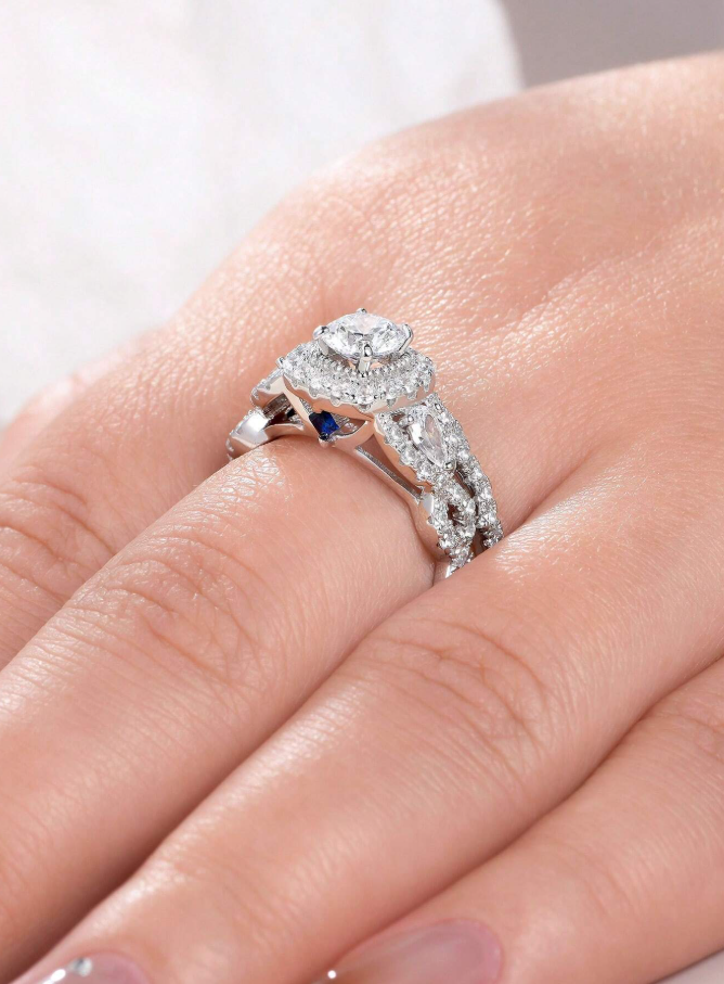 6*6mm 0.8 Ct Round & Pear Cubic Zirconia Wedding Set - Image 9