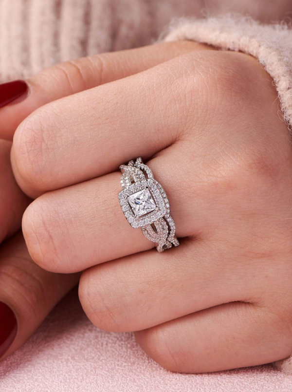 5x5mm 0.45Ct Princess Cut 5A Grade Cubic Zirconia Wedding Set - Image 3