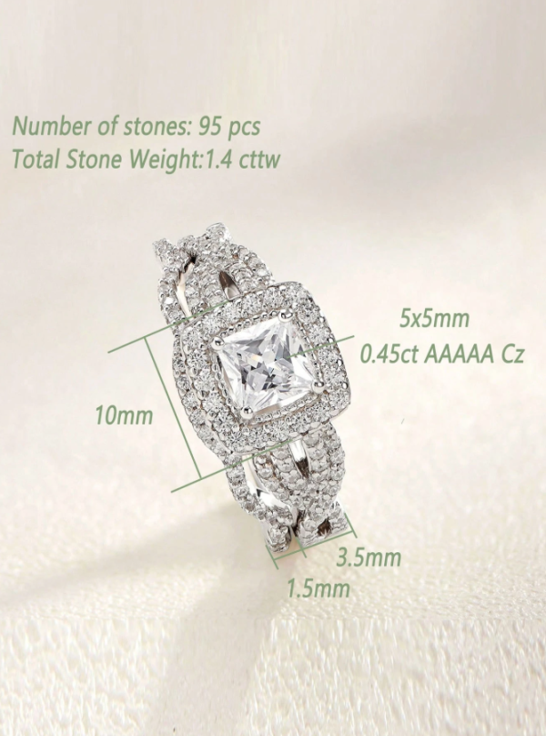 5x5mm 0.45Ct Princess Cut 5A Grade Cubic Zirconia Wedding Set - Image 4