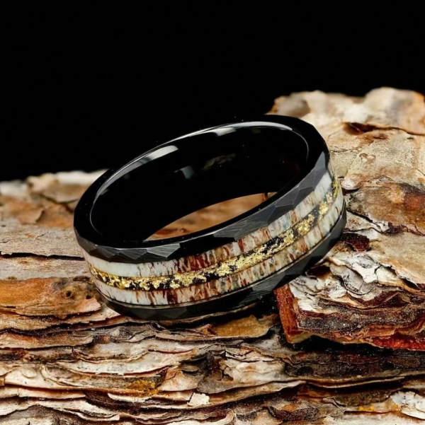 Men's 8mm Black Tungsten Carbide Ring, Inlaid With Muonionalusta Meteorite Hammered Texture Wedding Band - Image 3