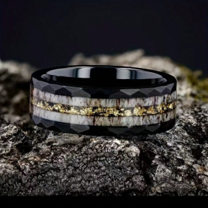 Men's 8mm Black Tungsten Carbide Ring, Inlaid With Muonionalusta Meteorite Hammered Texture Wedding Band