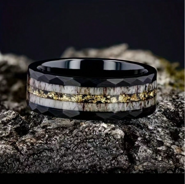 Men's 8mm Black Tungsten Carbide Ring, Inlaid With Muonionalusta Meteorite Hammered Texture Wedding Band