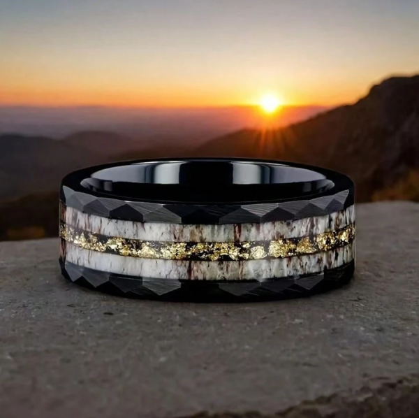 Men's 8mm Black Tungsten Carbide Ring, Inlaid With Muonionalusta Meteorite Hammered Texture Wedding Band - Image 2