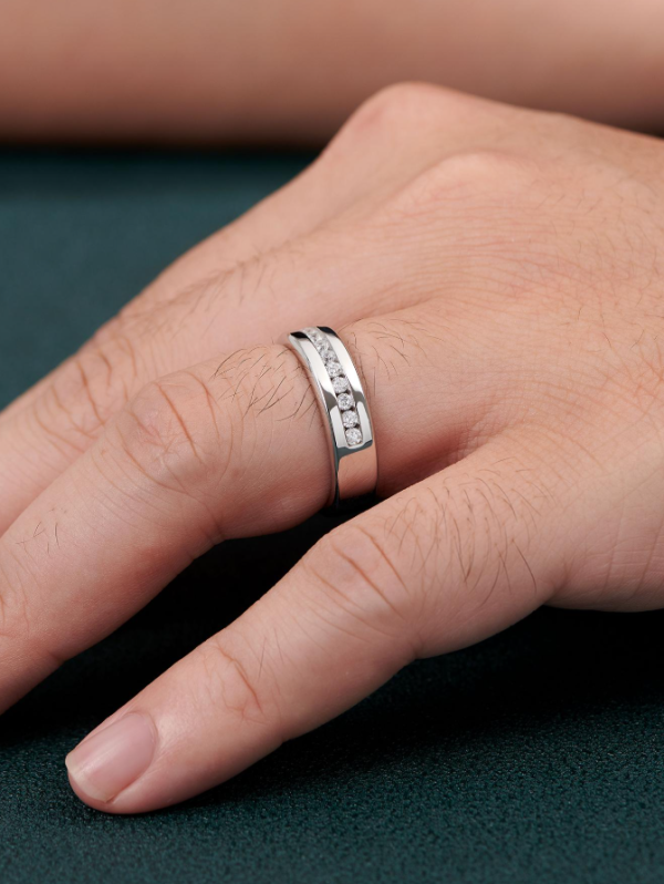 Silver Cubic Zirconia Men Wedding Band - Image 4