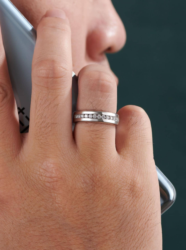 Silver Cubic Zirconia Men Wedding Band - Image 3
