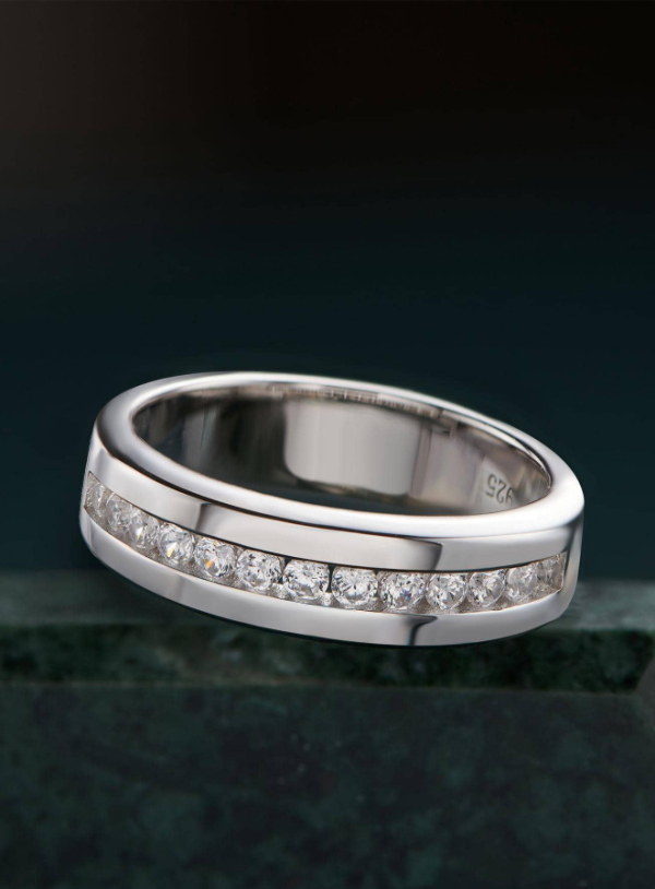 Silver Cubic Zirconia Men Wedding Band - Image 2