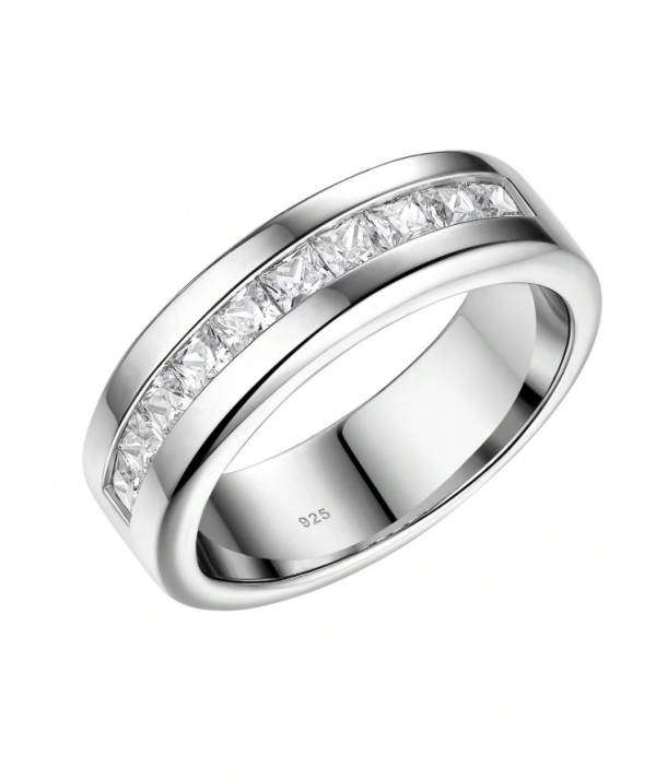 Silver Square Cubic Zirconia Men's Wedding Band - Image 7