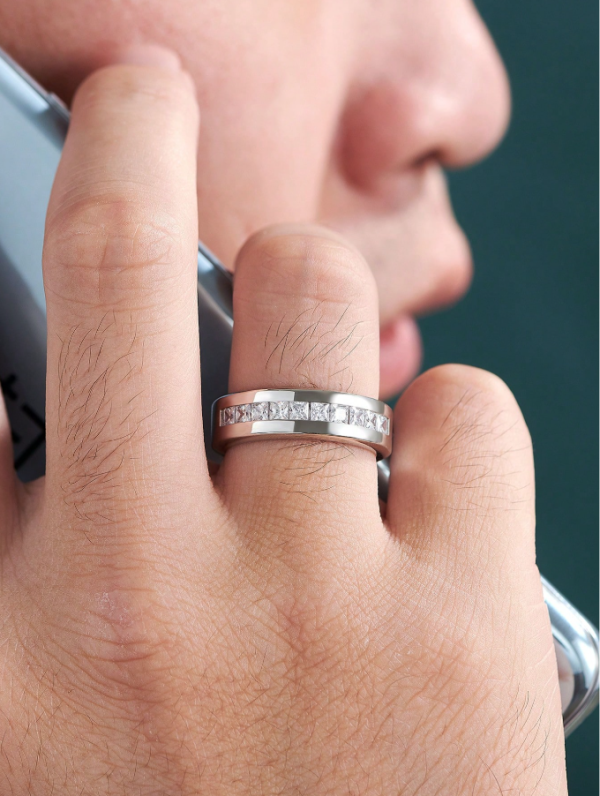 Silver Square Cubic Zirconia Men's Wedding Band - Image 6