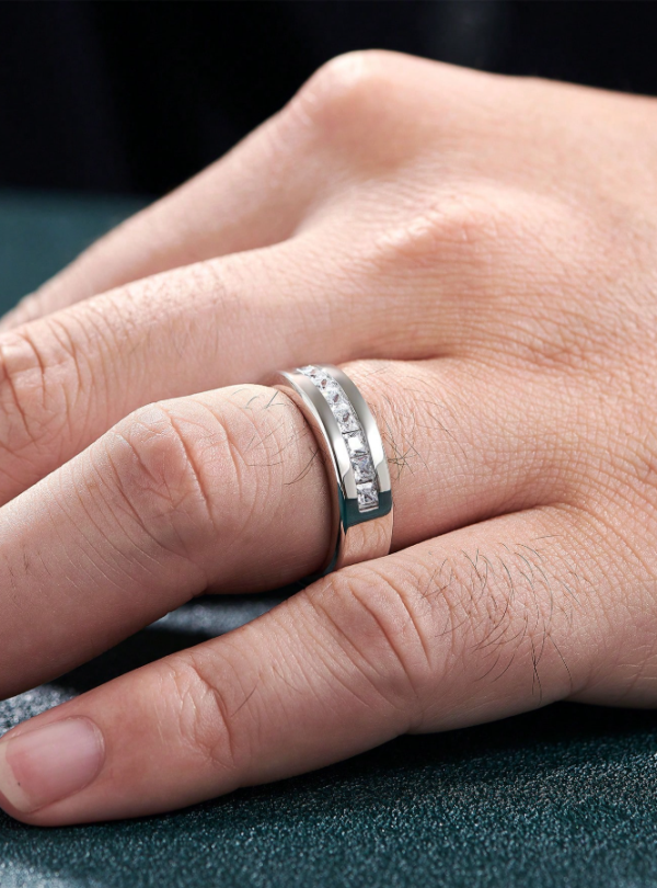 Silver Square Cubic Zirconia Men's Wedding Band - Image 5