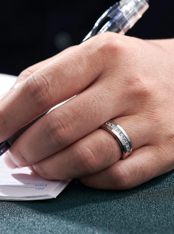 Silver Square Cubic Zirconia Men's Wedding Band - Image 4