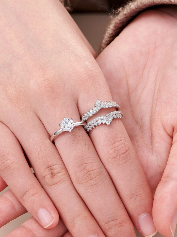 Solitaire 6.5*6.5mm 1.0 Carat Round Cut Dazzling AAAAA Cubic Zirconia Wedding Ring Set - Image 9