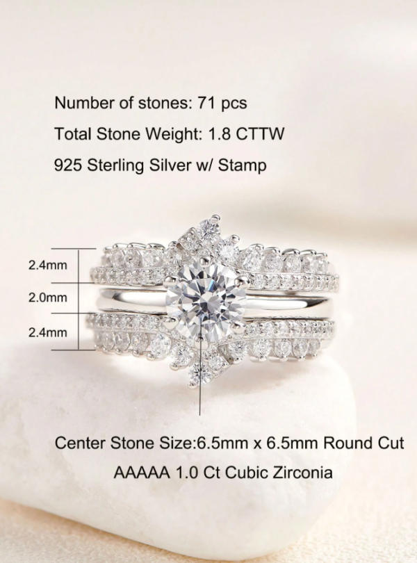 Solitaire 6.5*6.5mm 1.0 Carat Round Cut Dazzling AAAAA Cubic Zirconia Wedding Ring Set - Image 7