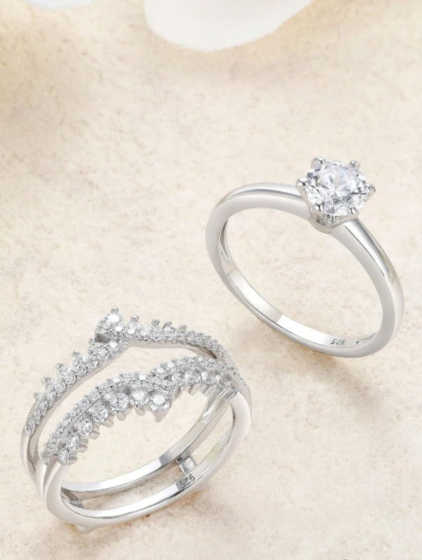 Solitaire 6.5*6.5mm 1.0 Carat Round Cut Dazzling AAAAA Cubic Zirconia Wedding Ring Set - Image 6
