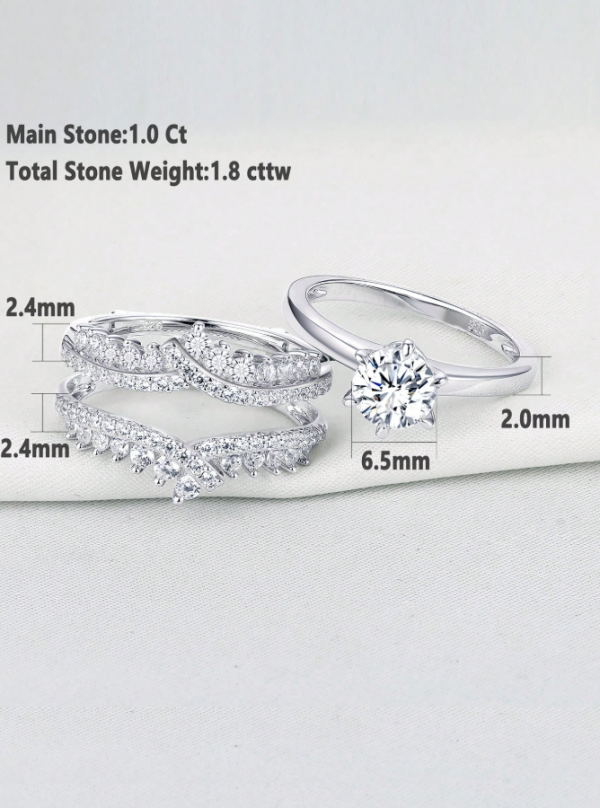 Solitaire 6.5*6.5mm 1.0 Carat Round Cut Dazzling AAAAA Cubic Zirconia Wedding Ring Set - Image 5