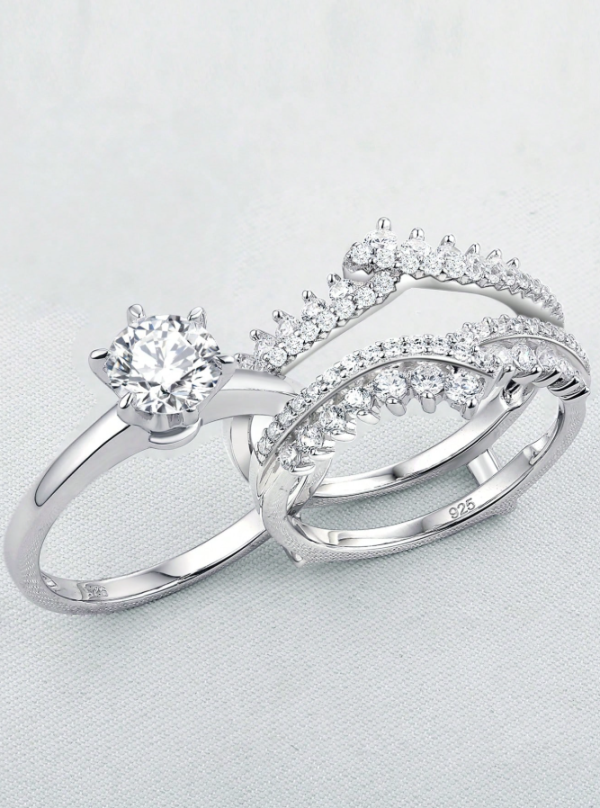 Solitaire 6.5*6.5mm 1.0 Carat Round Cut Dazzling AAAAA Cubic Zirconia Wedding Ring Set - Image 3