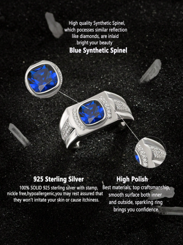 Solitaire 8*8mm 2.0 Carat Cushion Cut Dazzling Blue Synthetic Spinel Vintage  Eternity Wedding Ring - Image 5