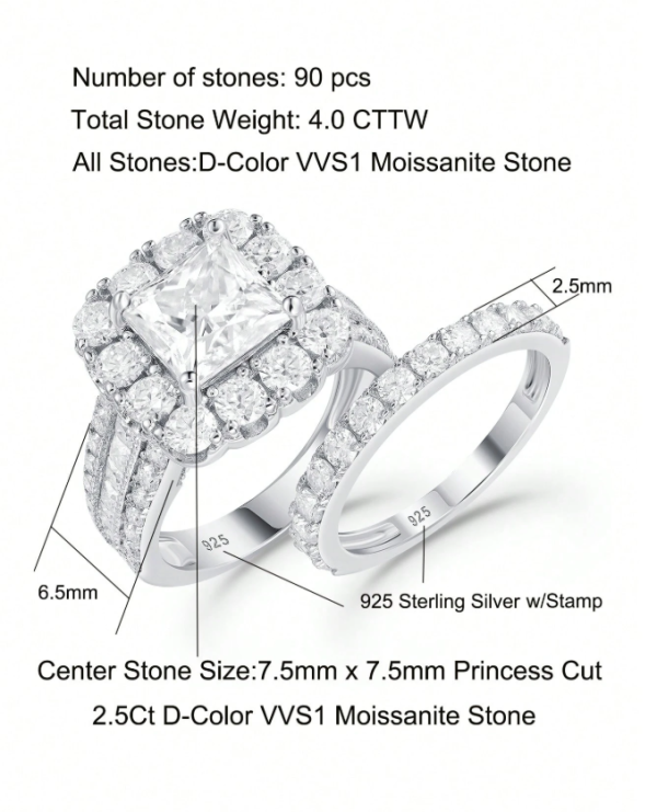 Vintage Style Laboratory-Created 7.5*7.5mm 2.5 Carat Princess Cut Wedding Set - Image 4