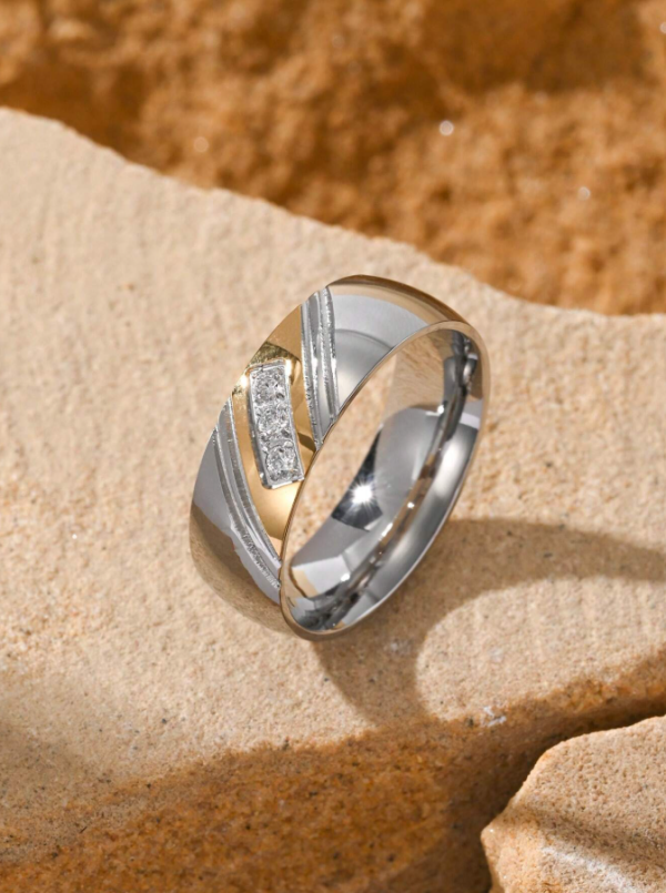 Stainless Steel 18K Gold Plated Inlaid Cubic Zirconia Wedding Ring - Image 3