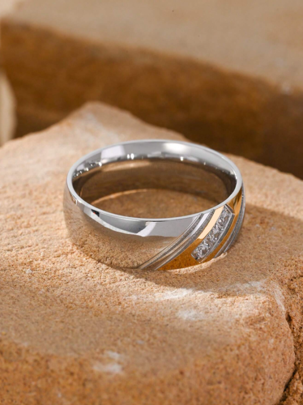 Stainless Steel 18K Gold Plated Inlaid Cubic Zirconia Wedding Ring - Image 4