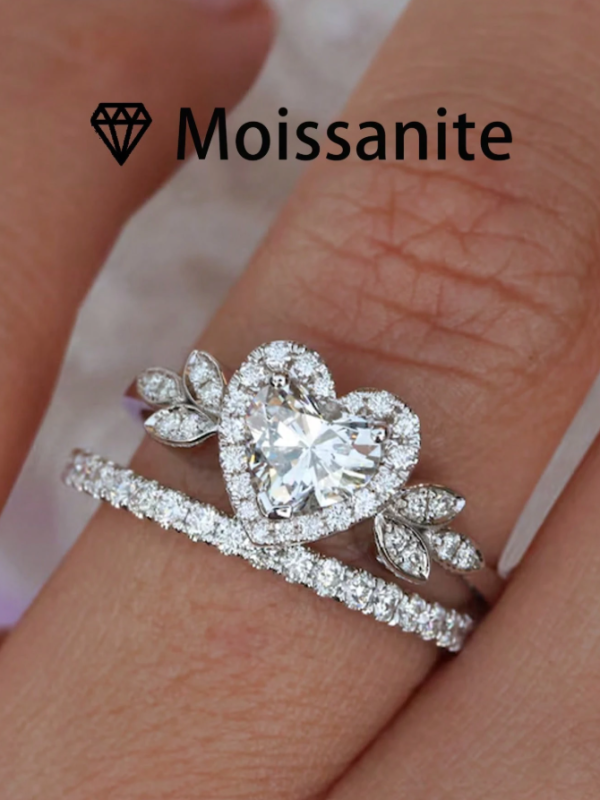 Stacked Half-Set Heart Shaped Ring, 4.7g S925 Sterling Silver, 2 Carat Moissanite, Bohemian Palace Style - Image 2