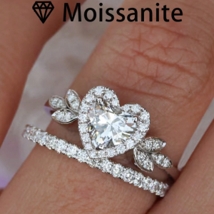 Stacked Half-Set Heart Shaped Ring, 4.7g S925 Sterling Silver, 2 Carat Moissanite, Bohemian Palace Style