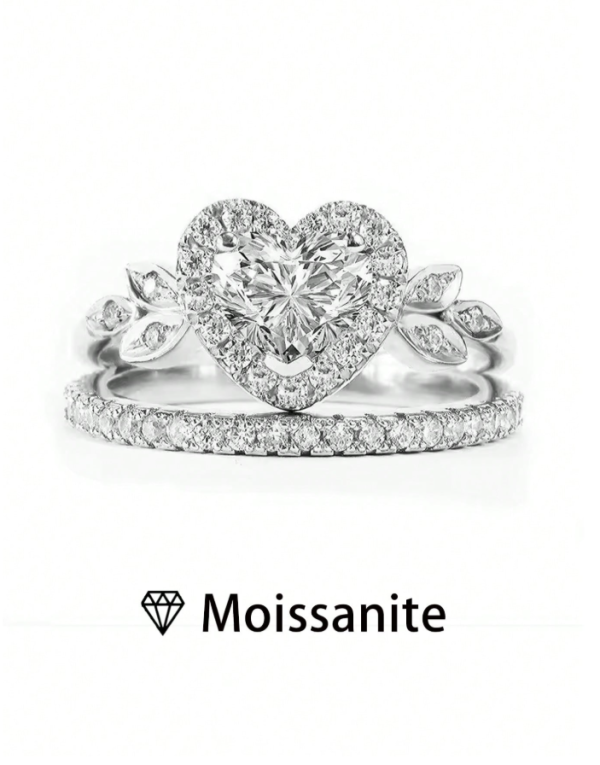Stacked Half-Set Heart Shaped Ring, 4.7g S925 Sterling Silver, 2 Carat Moissanite, Bohemian Palace Style - Image 3