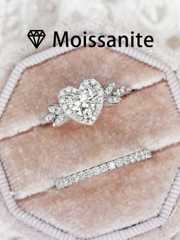 Stacked Half-Set Heart Shaped Ring, 4.7g S925 Sterling Silver, 2 Carat Moissanite, Bohemian Palace Style - Image 4