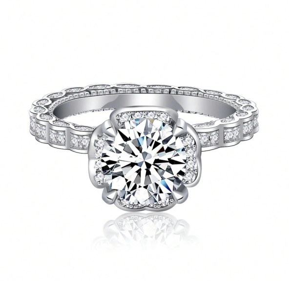 White Gold Floral Engraved Women's Wedding Band - Image 3