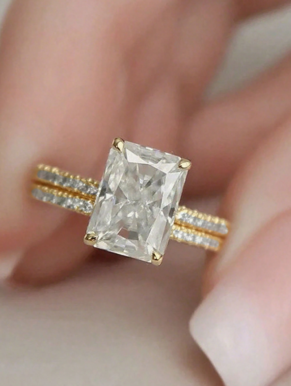 Single Row & Rectangular Wedding Ring Set - Image 4