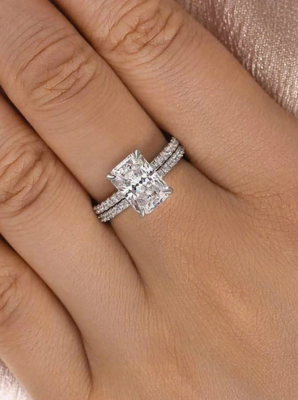 Single Row & Rectangular Wedding Ring Set - Image 2